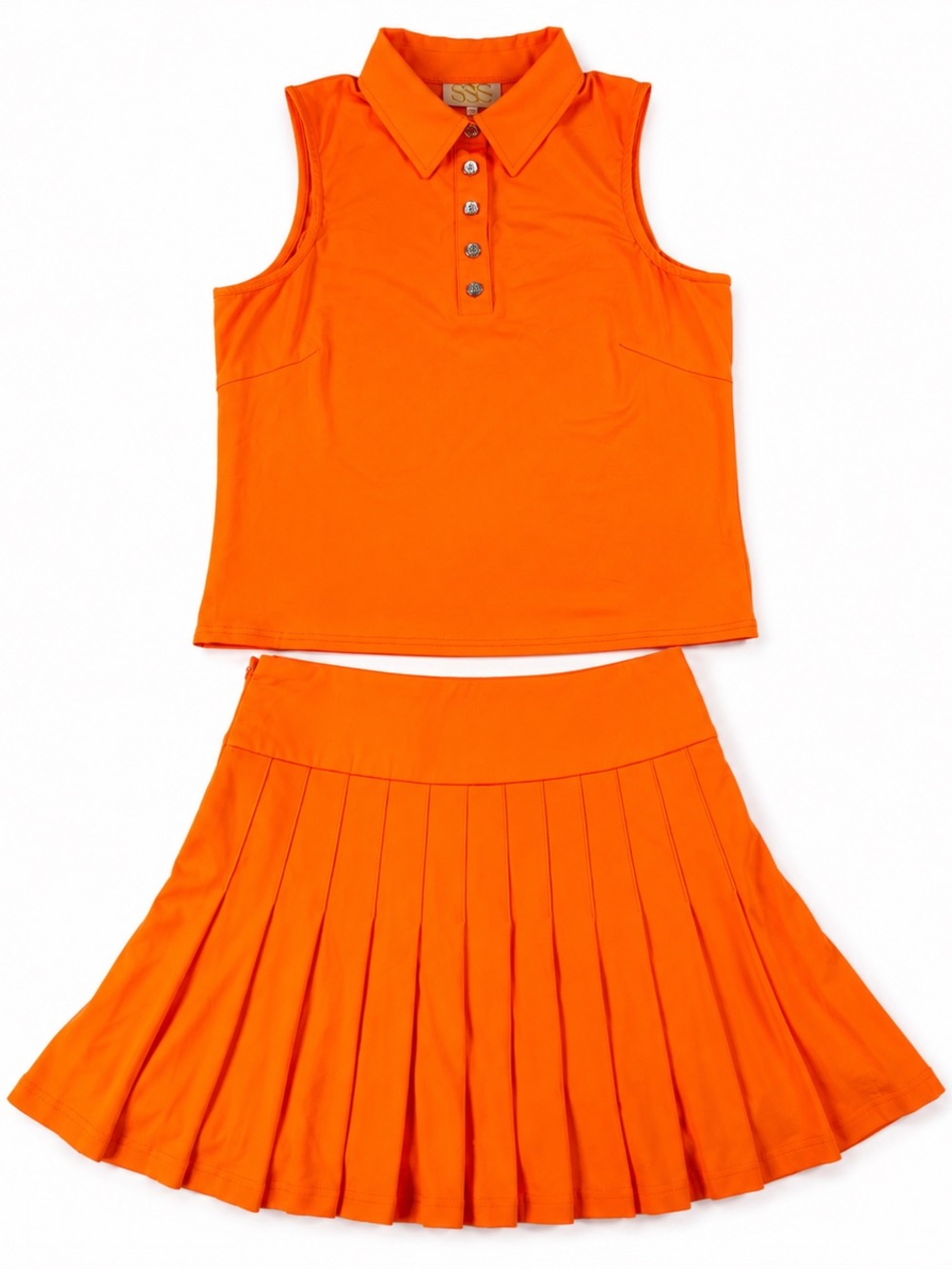 Sleeveless Collared Polo & Pleated Skirt Set in Vibrant Orange